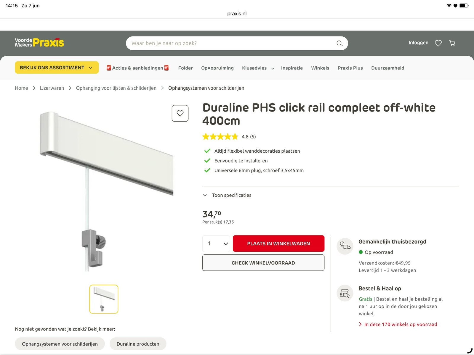 Nieuw click rail systeem, wit, Ophalen, Nieuw, Metaal of Aluminium, 125 cm of meer