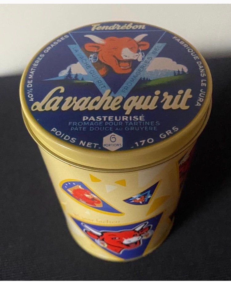 Blik van La Vache Qui Rit. Met gele achtergrond. H. 15 cm, Ophalen of Verzenden, Zo goed als nieuw, Overige merken