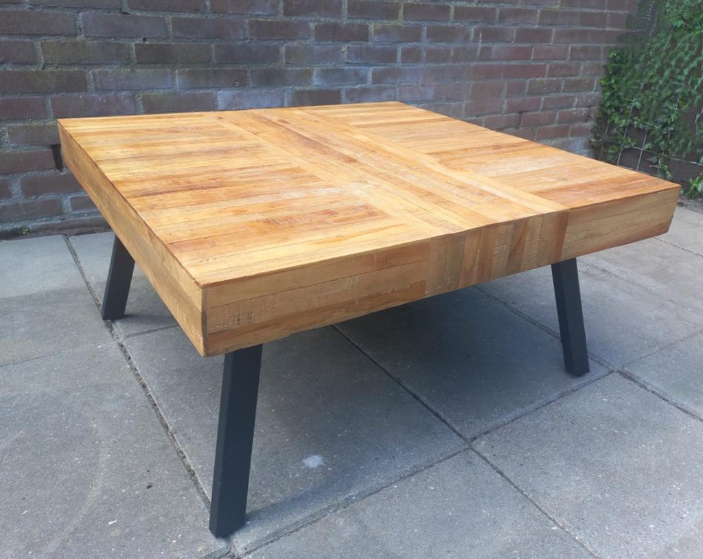 Salontafel 80x80cm gerecycled teakhout, industrieel, Ophalen, 50 tot 100 cm, Vierkant, 50 tot 100 cm