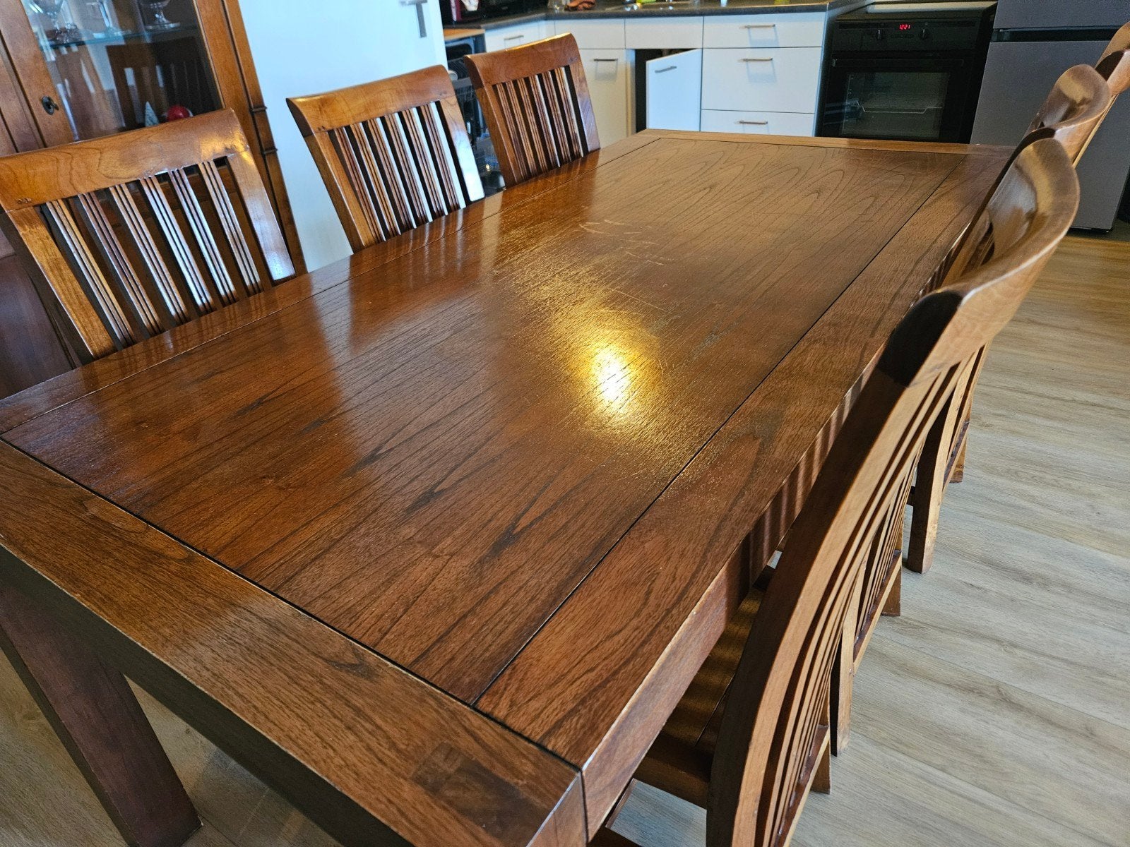 Houten eettafel met 6 stoelen, Huis en Inrichting, Ophalen, Gebruikt, 50 tot 100 cm, Vijf personen of meer