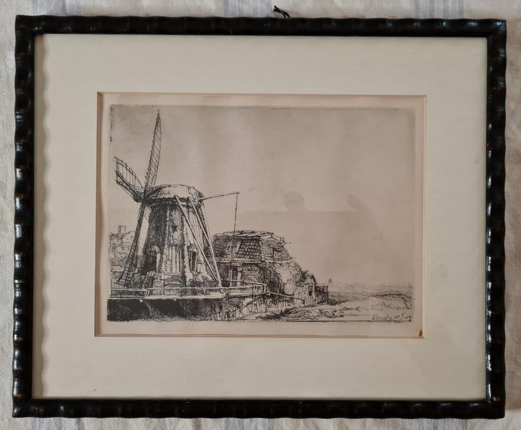 Reproductie Ets Rembrandt "De Windmolen" (1641) ingelijst, Antiek en Kunst, Ophalen of Verzenden