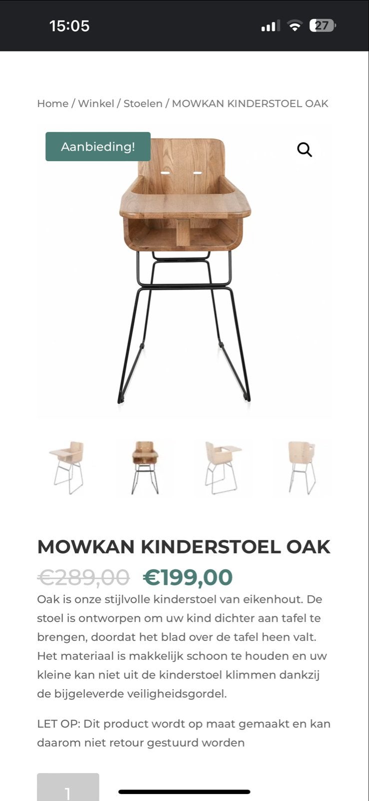Mowkan Kinderstoel Eikenhout - Stijlvol en Veilig, Ophalen, Nieuw, Overige typen, Aanschuifbaar