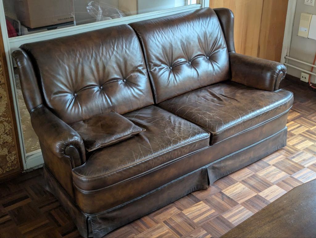Gratis af te halen: Leren bank en fauteuil set, Ophalen, Gebruikt, Tweepersoons, Leer
