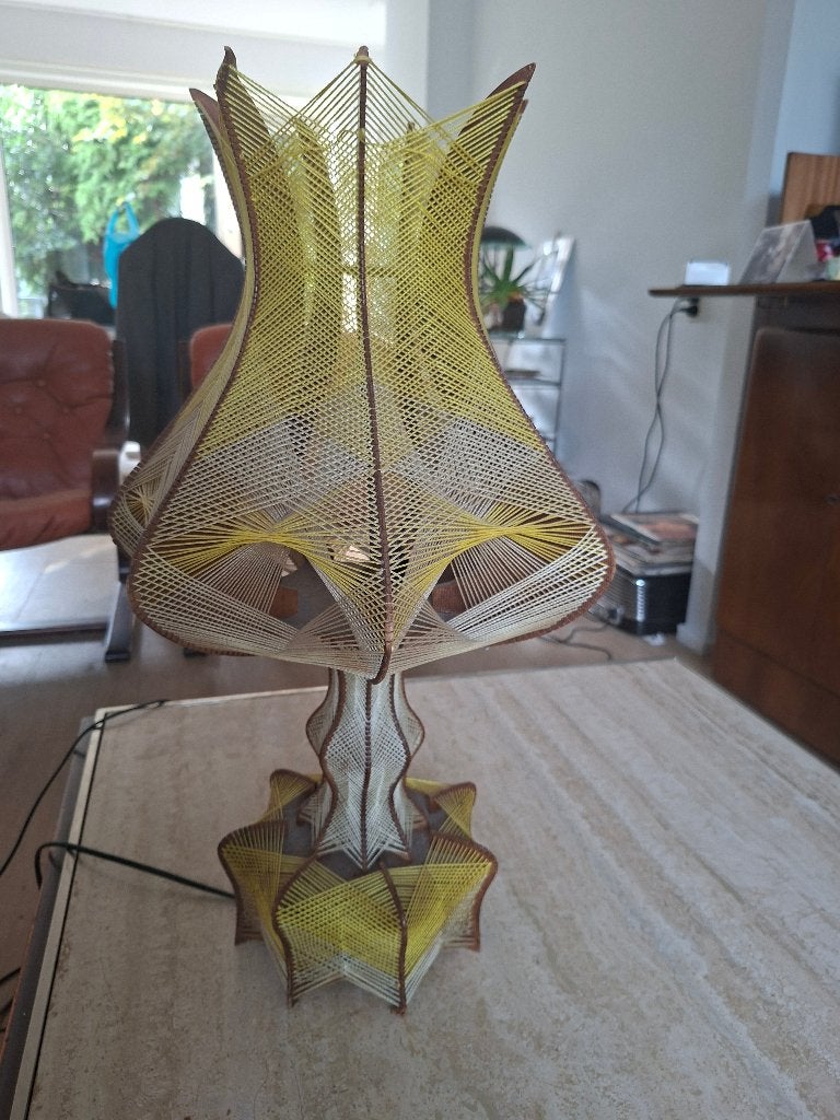 Vintage Jaren 70 Draadlamp / String Art Tafellamp (Katoen), Gebruikt, Vintage, 55 cm, Hout