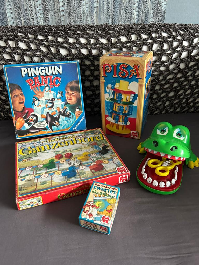 6 Leuke Kinderspellen: Pinguïn Panic, Pisa, Ganzenbord & mee, Een of twee spelers, Ophalen of Verzenden, Gebruikt