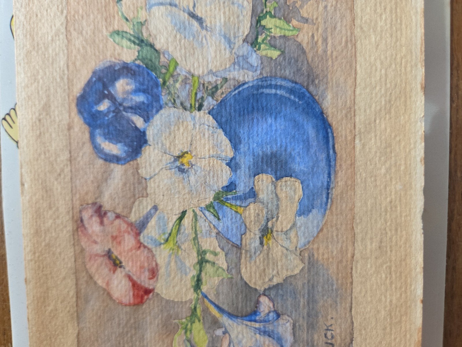 Charles Zuck kleine aquarel boeket bloemen met tekst, Ophalen of Verzenden