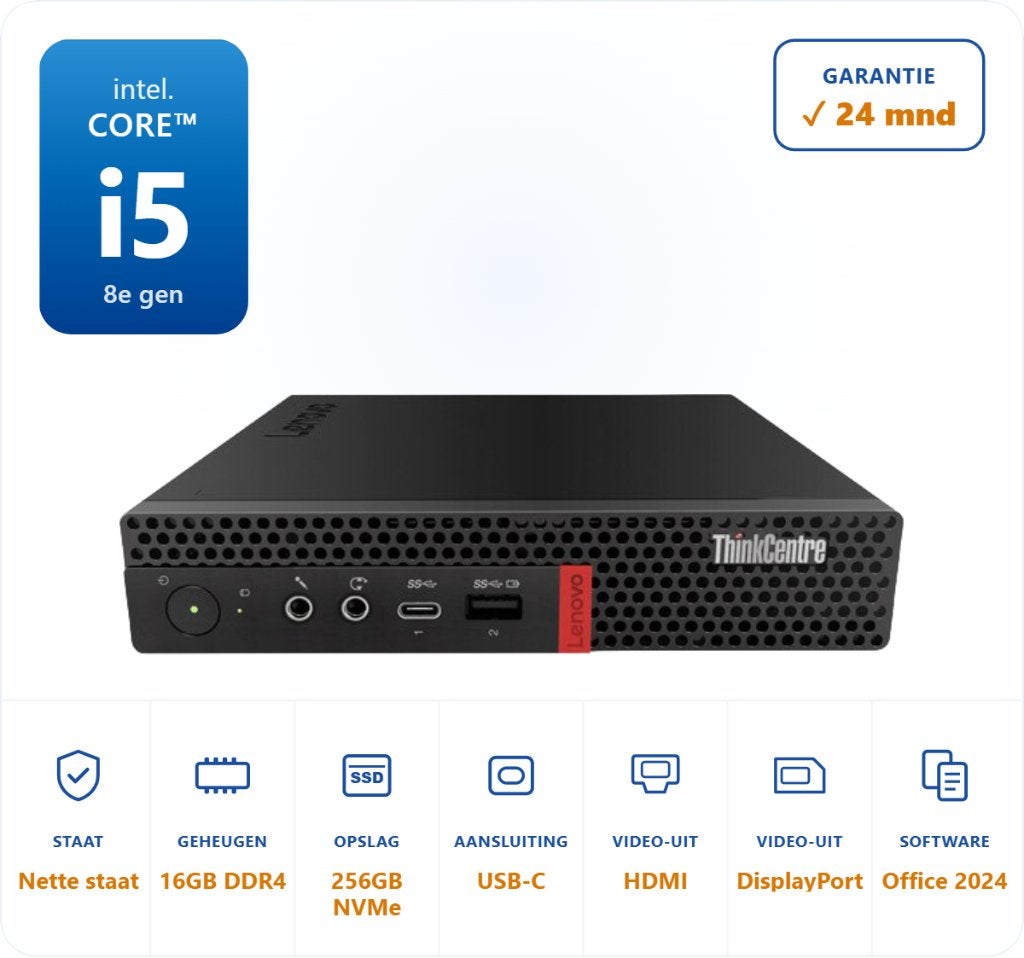 Lenovo M720Q i5-8500T 3.5GHz 16GB 256GB NVMe Office 2024, Computers en Software, Desktop Pc's, 256 GB, ., Ophalen of Verzenden