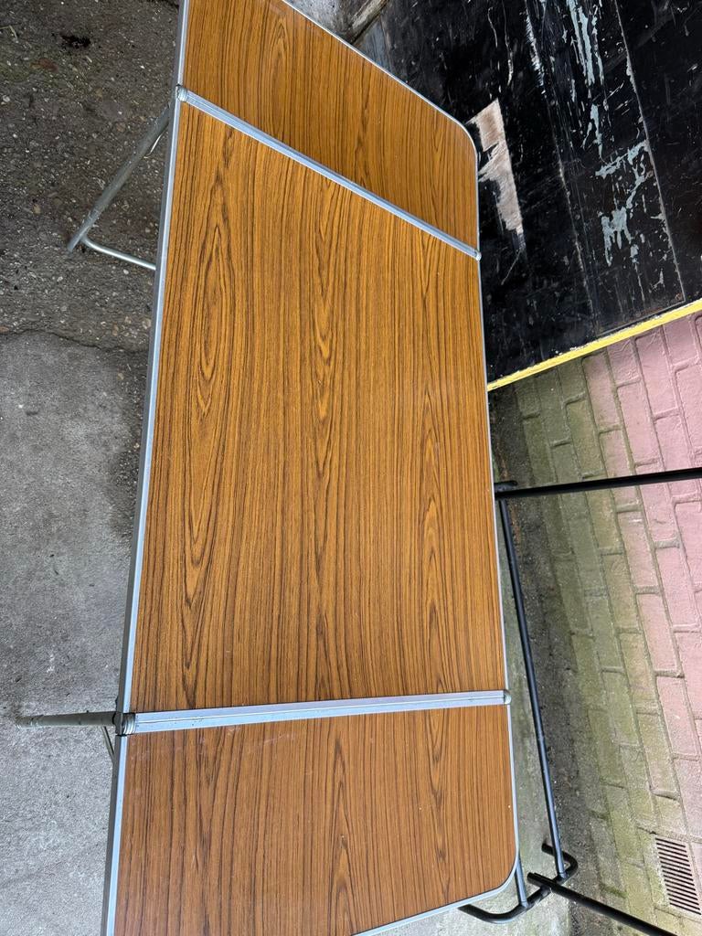Vintage Opvouwbare Campingtafel - Houtlook en Metaal, Ophalen, Gebruikt, 100 tot 150 cm, 50 tot 100 cm