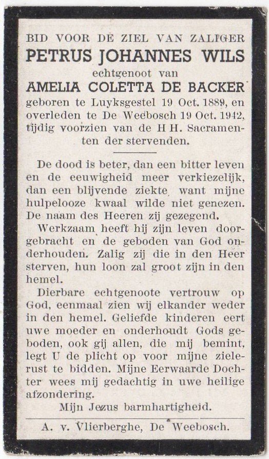 Petrus J. Wils 1889 Luyckgestel + 1942 De Weebosch, 53 jaar, Verzenden