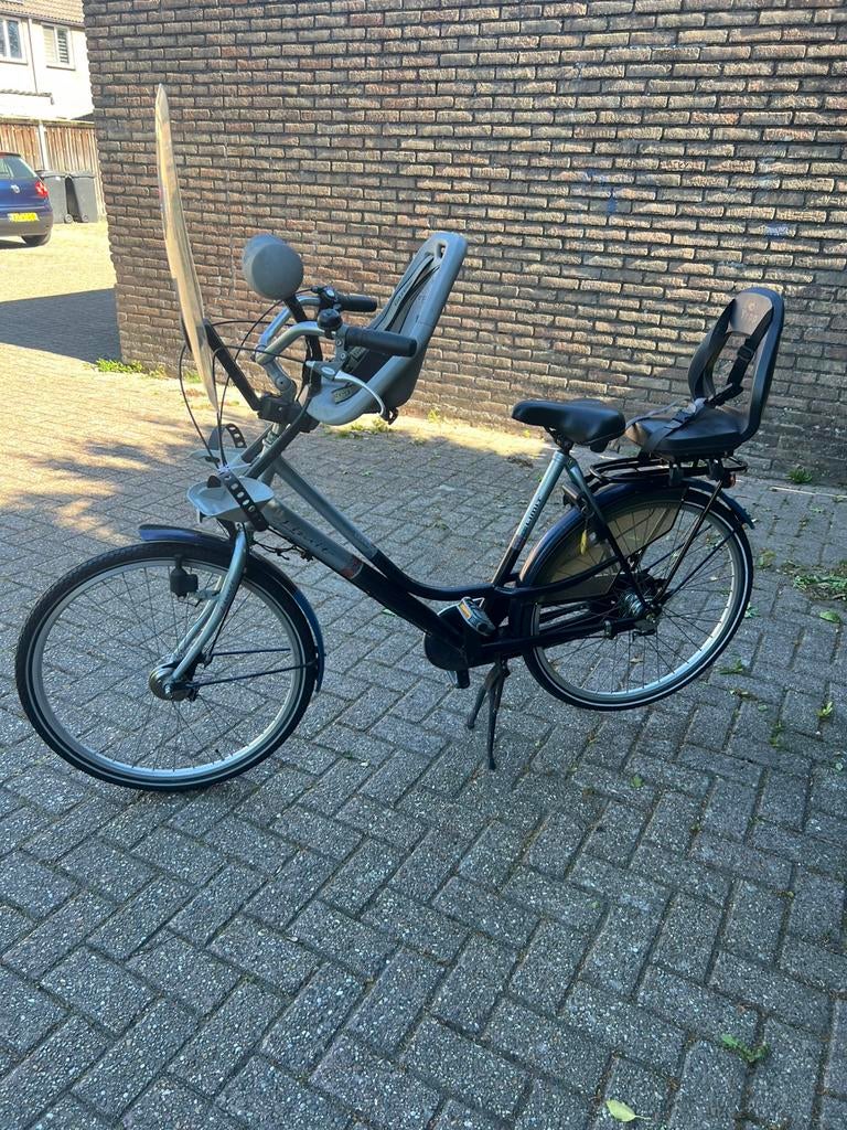 Moederfiets met kinderzitjes, Fietsen en Brommers, Fietsen | Dames | Moederfietsen, 2 zitjes, Gebruikt, Versnellingen, 50 tot 53 cm