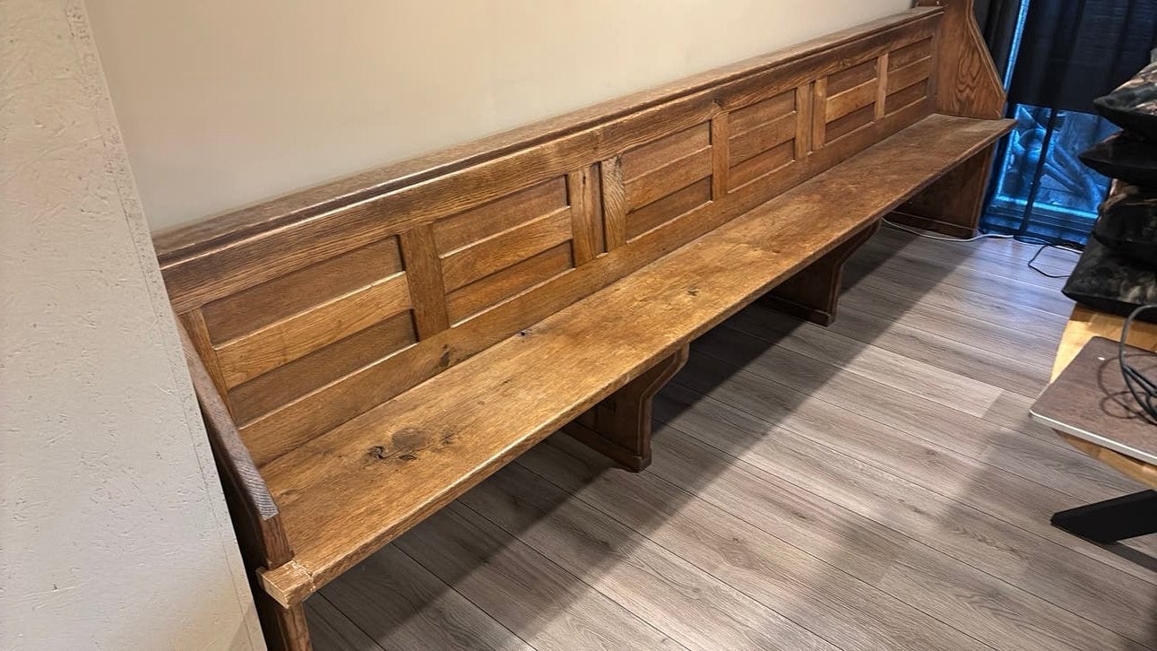 Bank, eetkamerbank, houten kerkbank rij 20, 308 cm lang, Ophalen, Gebruikt, 300 cm of meer, Rechte bank