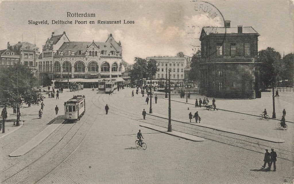 Rotterdam, Slagveld, Delftsche Poort en Restaurant Loos, Ophalen of Verzenden, 1920 tot 1940, Ongelopen, Zuid-Holland