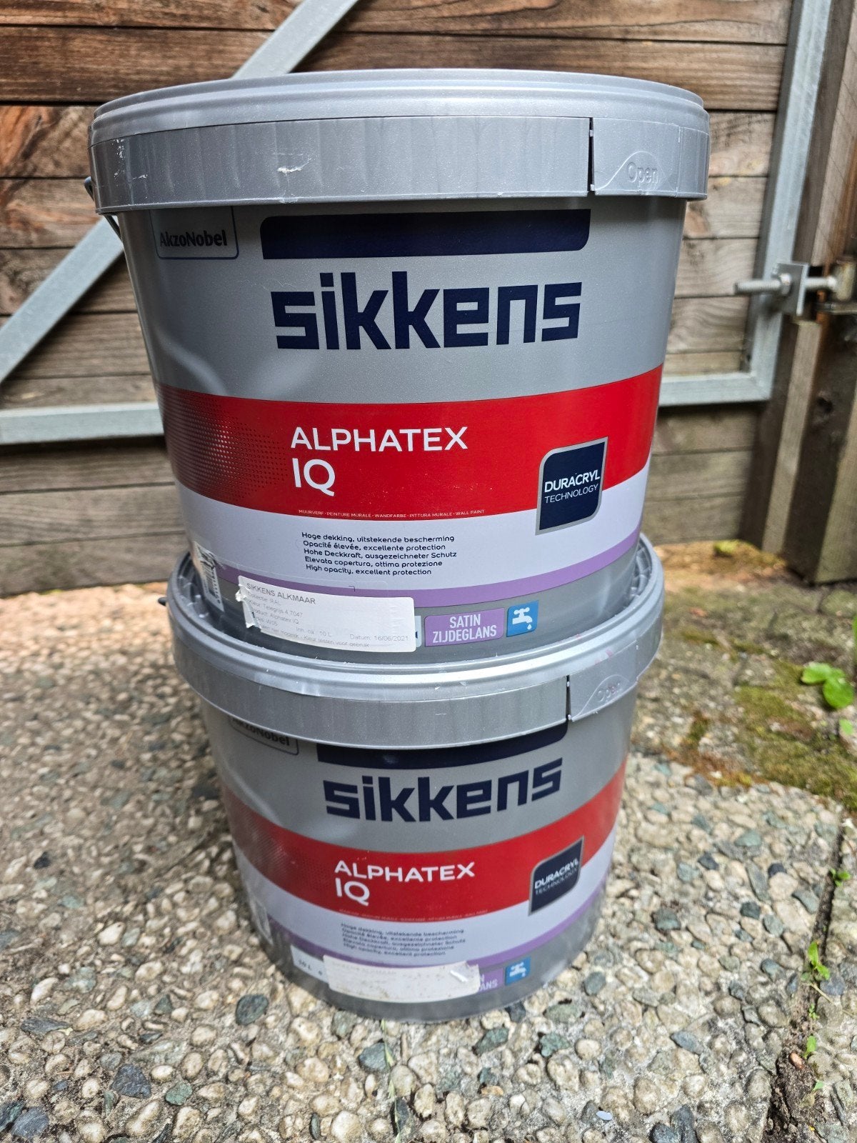 2x 10L Sikkens Alphatex IQ Telegrijs RAL 7.04, Doe-het-zelf en Verbouw, Schildersmaterialen, Ophalen, Nieuw, Overige typen
