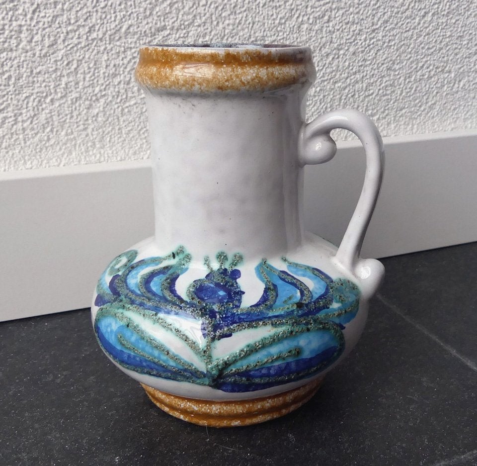 Strehla 9012 vintage vaas blauw distel fat lava West-Germany, Gebruikt, Steen/keramiek, Met patroon/structuur, Blauw
