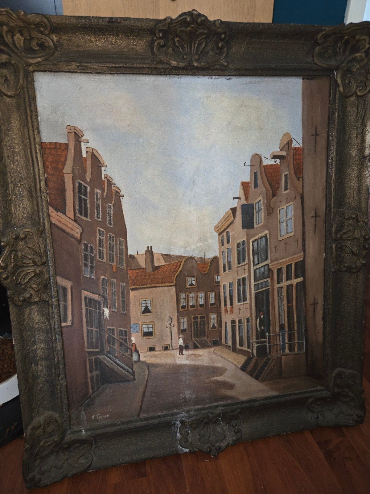 Schilderij Stadsgezicht A. Thepen, Antiek en Kunst, Doek, Ophalen of Verzenden, Gesigneerd, Olieverf