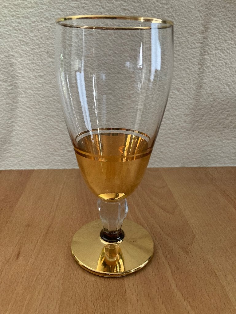 Vintage bierglazen 6 stuks met “gouden” belijning, Verzamelen, Ophalen, Zo goed als nieuw, Bierglas