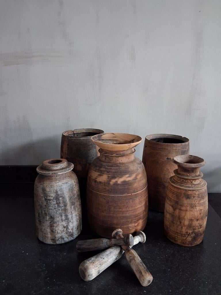 Authentieke Nepalese houten kruiken - Stoer & Sober, Ophalen of Verzenden