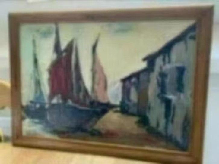 Schilderij : aan de haven, Huis en Inrichting, Ophalen of Verzenden, Zo goed als nieuw, 50 tot 75 cm, Schilderij