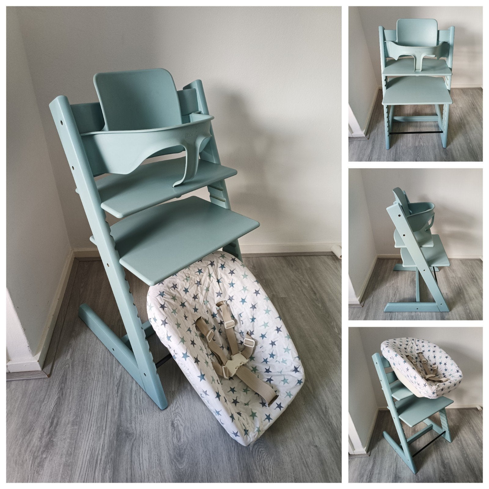Stokke Tripp Trapp aqua blue+babyset, newbornset, extra hoes, Kinderen en Baby's, Kinderstoelen, Meegroeistoel, Ophalen of Verzenden