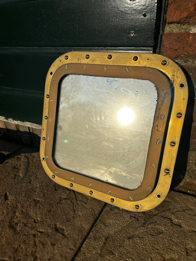 Vierkante bronzen patrijspoort spiegel, Ophalen, Vierkant, Minder dan 50 cm, Minder dan 100 cm
