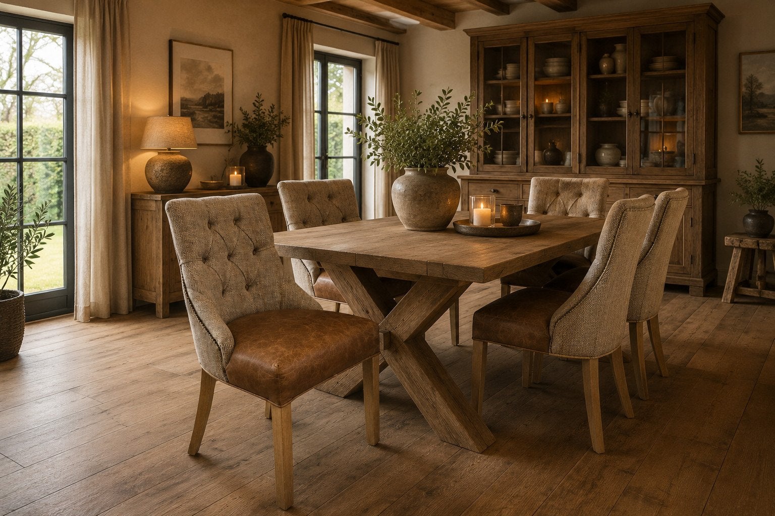 CHESTERFIELD EETKAMER STOEL HARRIS TWEED COGNAC LEER DINER