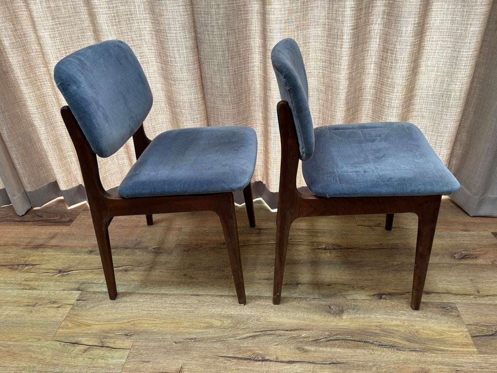 Set van 2 eetkamerstoelen - Blauw fluweel en hout, Ophalen, Gebruikt, Twee, Blauw