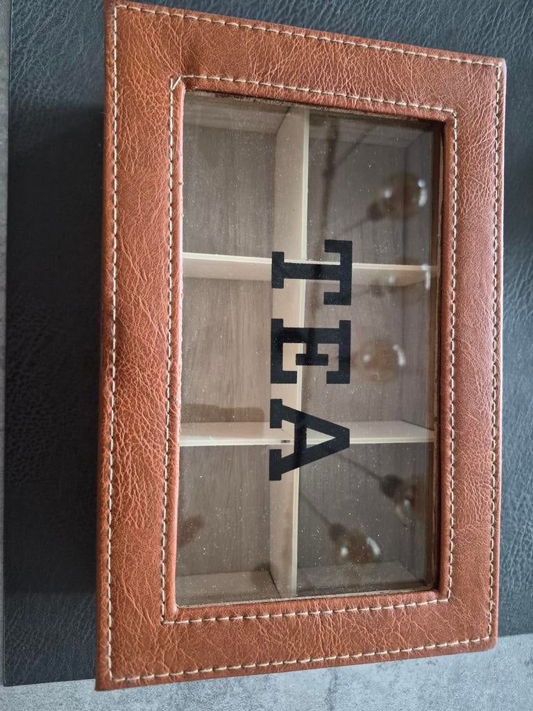 Houten theedoos met 6 vakken en leren afwerking, Ophalen, Hout, Bruin, Landelijk