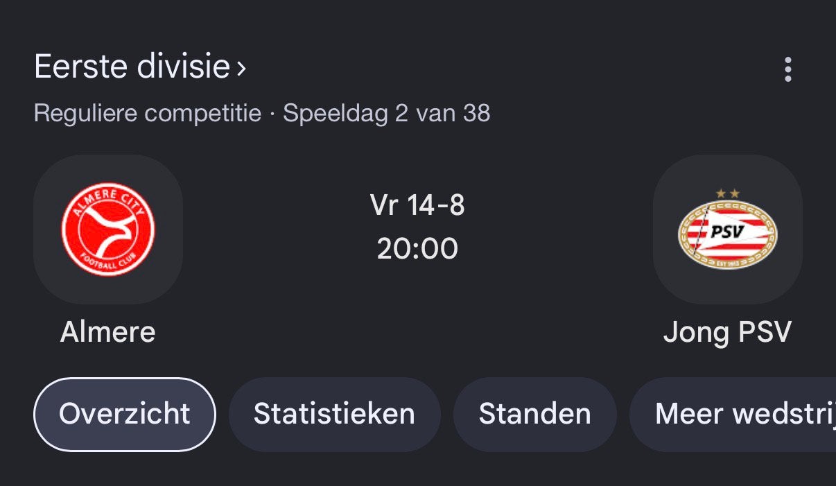 Almere City - Jong PSV - 14 augustus, Tickets en Kaartjes, Losse kaart, Drie personen of meer, Augustus