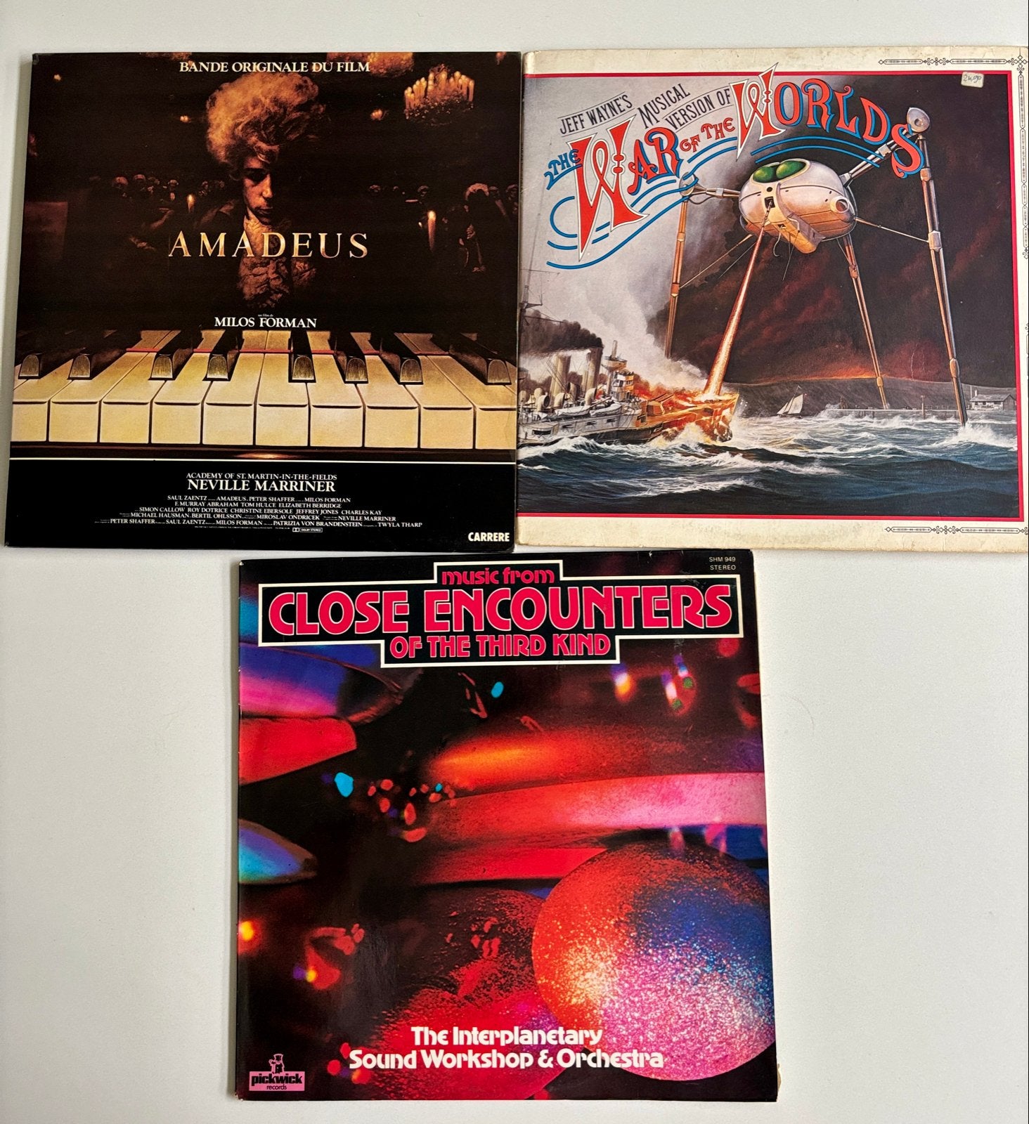 3 Soundtrack LP's:Amadeus, Close Encounters,Warofthe World, Cd's en Dvd's, Vinyl | Filmmuziek en Soundtracks, LP, Gebruikt, Soundtrack