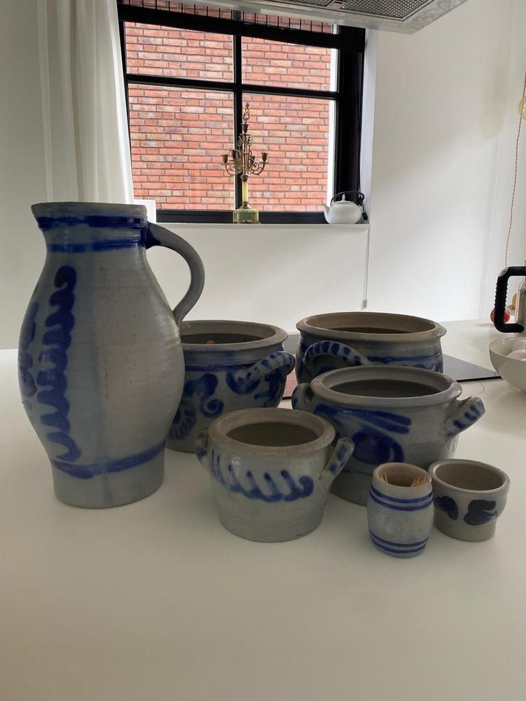 Antiek aardewerk set met blauw decor, Ophalen of Verzenden