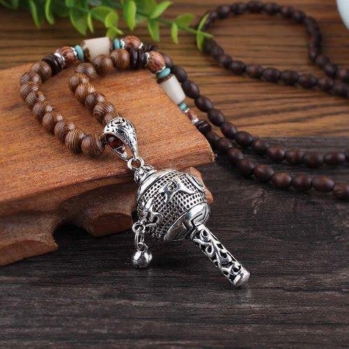 Tibetaanse Gebedsmolen aan houten Mala ketting, Ophalen of Verzenden, Nieuw, Bruin, Zilver