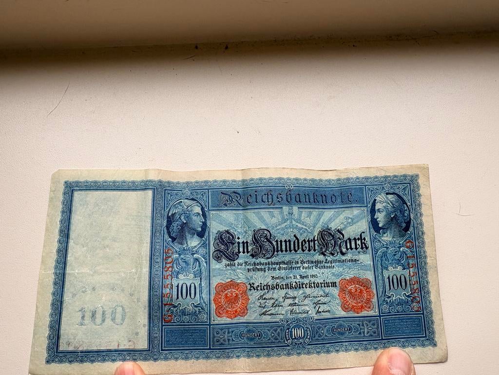 100 Mark Reichsbanknote "Flotten-Hunderter" 1910, Ophalen of Verzenden, Duitsland, Los biljet