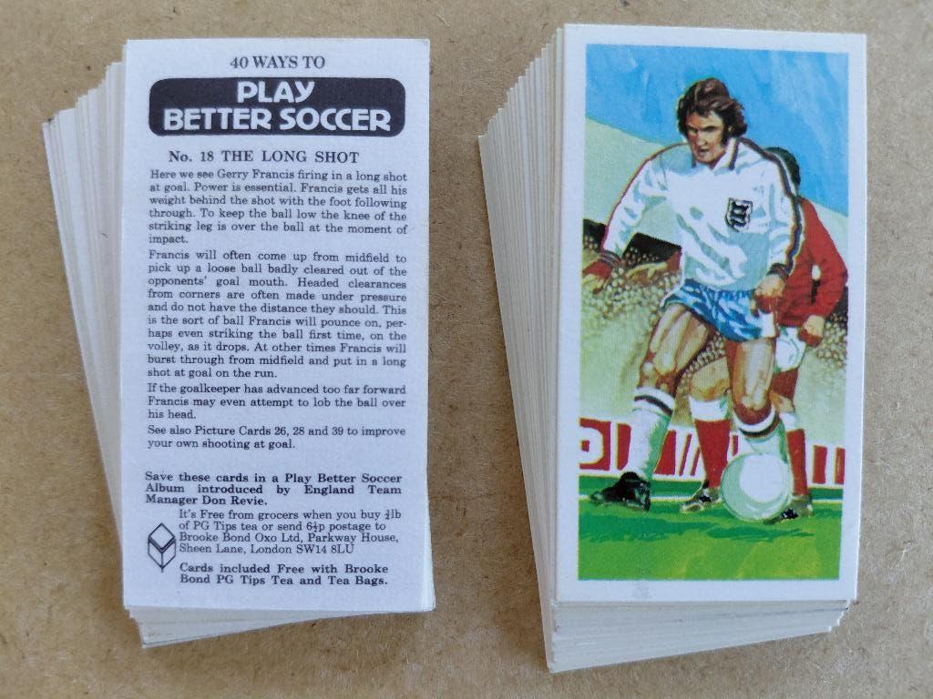 Play Better Soccer complete set 40 tea cards Brooke Bond, Verzamelen, Ophalen, Zo goed als nieuw, Buitenlandse clubs, Poster, Plaatje of Sticker