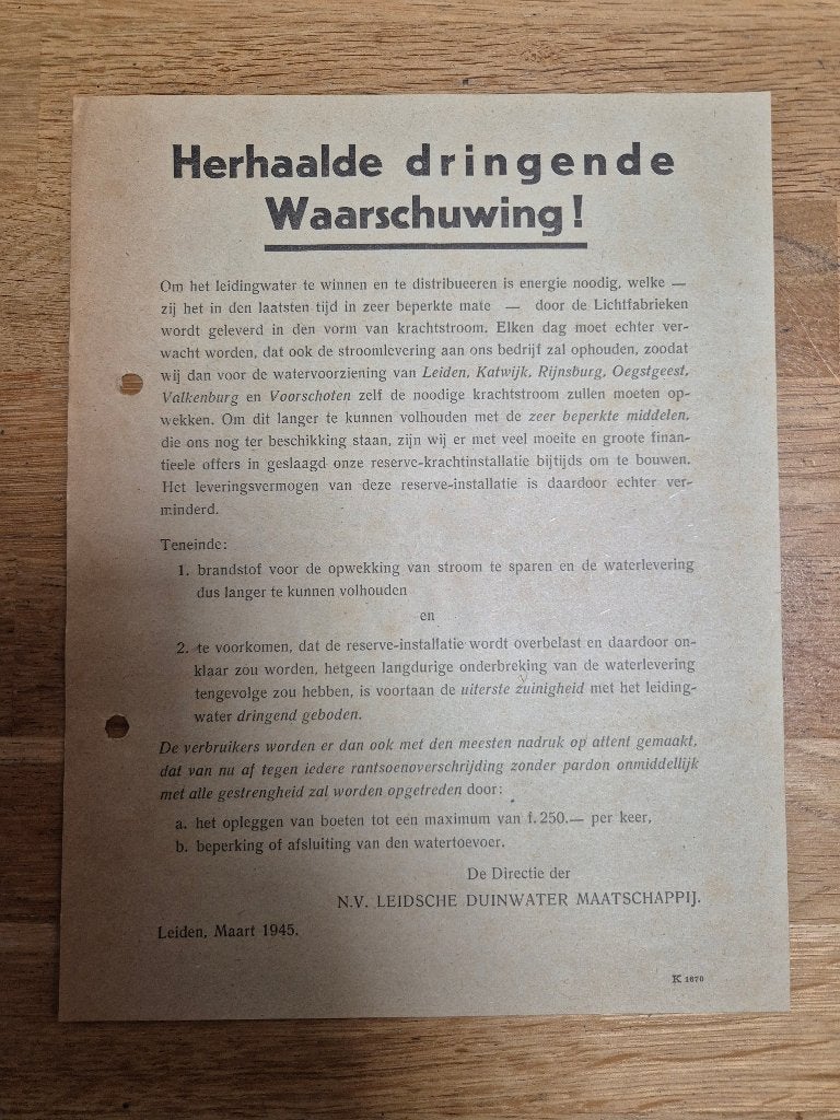 Waarschuwing energieverbruik Leiden + omgeving maart, 1945, Ophalen of Verzenden, Overige soorten, Nederland, Overige typen