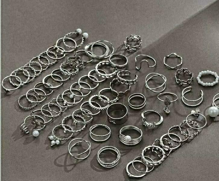 64 damesringen set van 64 stuks silver plated verzilverd, Nieuw, Ophalen of Verzenden, Dame, Met edelsteen