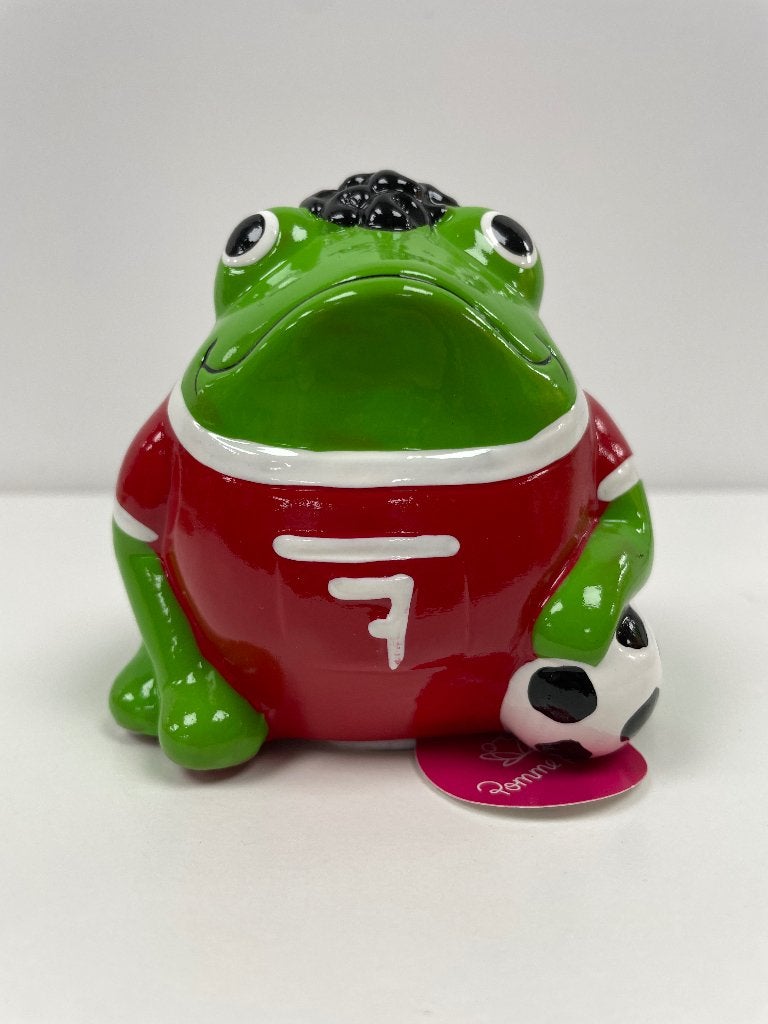 Voetbal kikker - Pom Pidou - Spaarpot, Ophalen of Verzenden, Zo goed als nieuw, Steen, Aardewerk of Keramiek, Overige thema's