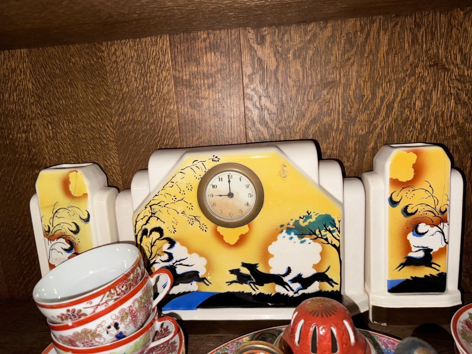 Art Deco Klokstel Nimy Belgique met Jachtscène, Ophalen of Verzenden