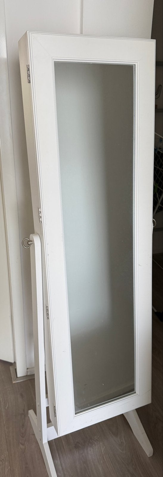 Witte passpiegel met sieradenkast - 146 cm hoog, Ophalen, Minder dan 50 cm, Gebruikt, 100 tot 150 cm