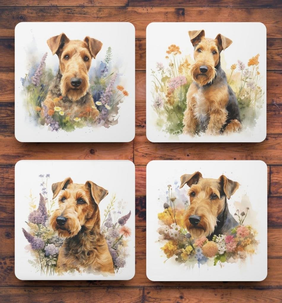 Airedale Terriër Aquarel onderzetters met houder, Ophalen of Verzenden, Nieuw