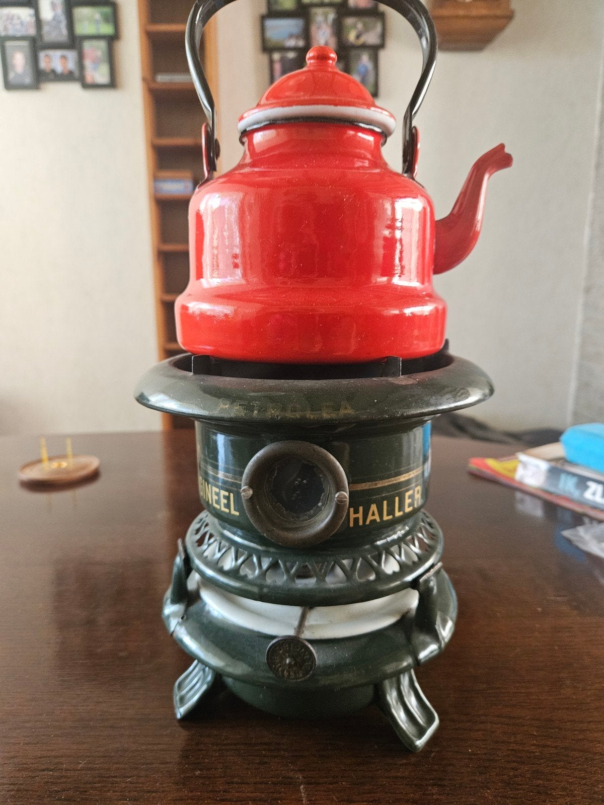 Vintage Emaille Theepot op Petroleumstel - Rood & Groen, Ophalen