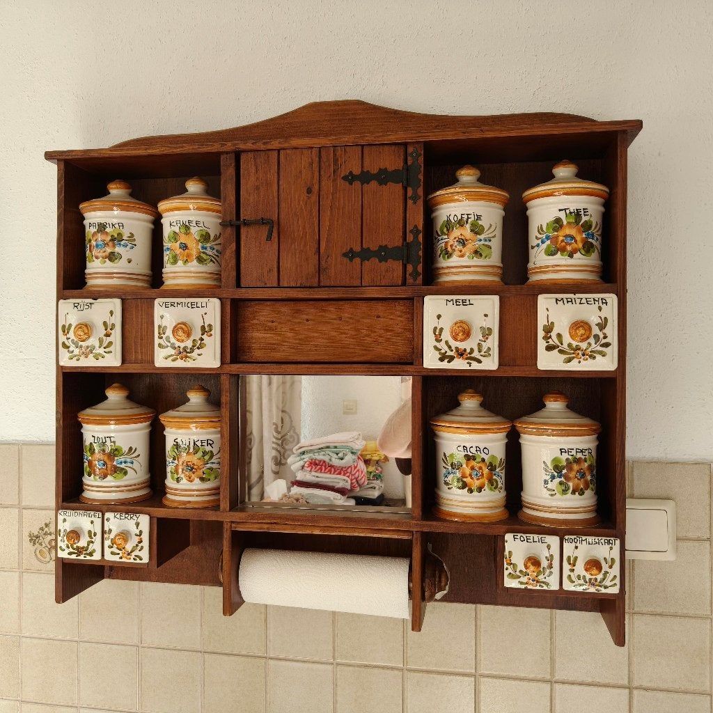 Vintage kruidenrek met 16 keramische potten, Ophalen