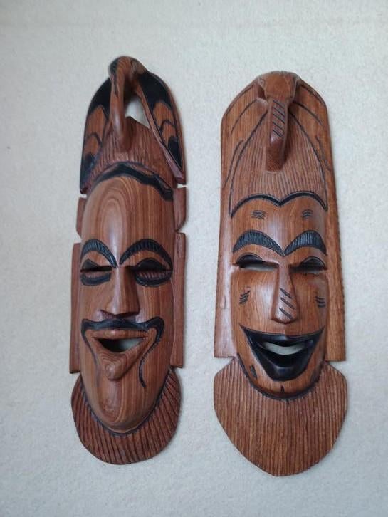 Set van 2 houten maskers - Afrikaanse stijl wanddecoratie, Ophalen of Verzenden