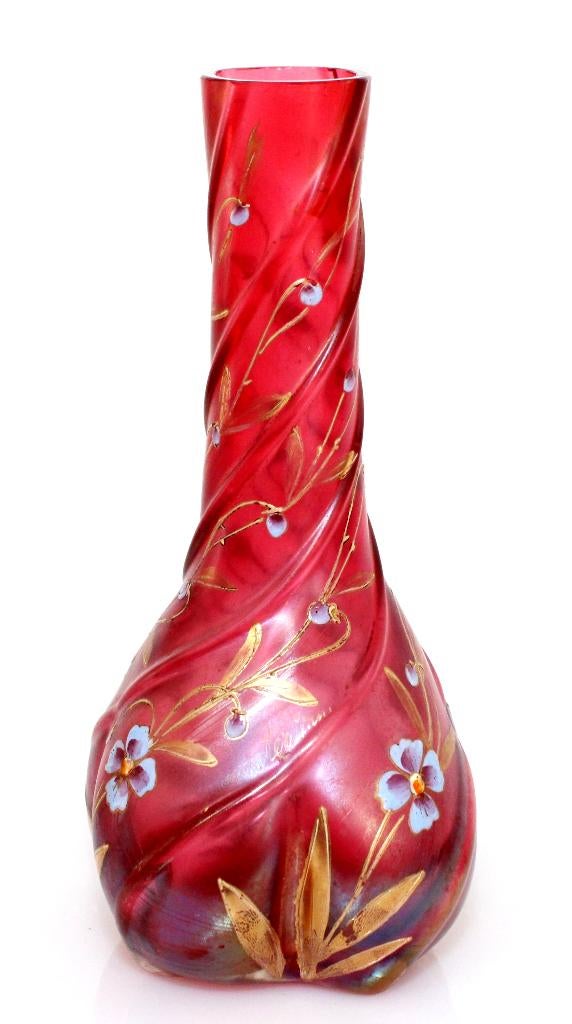 Schitterende Boheemse Geschilderde Cranberry Vaas Ca 1920, Antiek en Kunst, Antiek | Glas en Kristal, Ophalen of Verzenden