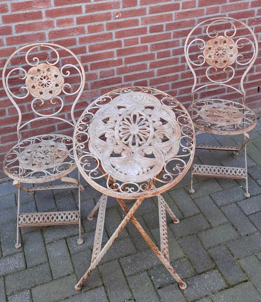 Antieke franse bistroset, gietijzeren tuinset, brocante, Overige materialen, Gebruikt, Tuinset, Eettafel