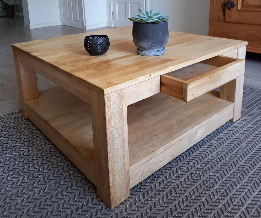 Massief eiken salon tafel met lade., Huis en Inrichting, Tafels | Salontafels, Ophalen, 100 tot 150 cm, 50 tot 100 cm, Minder dan 50 cm