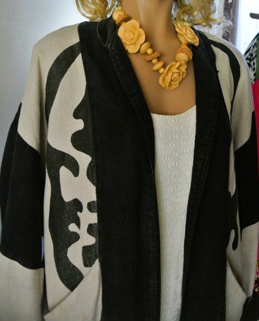 Linnen/lino jasje artistieke print wijd ruim model plussize, Ophalen of Verzenden, Gedragen, Zwart, Jasje of Colbert
