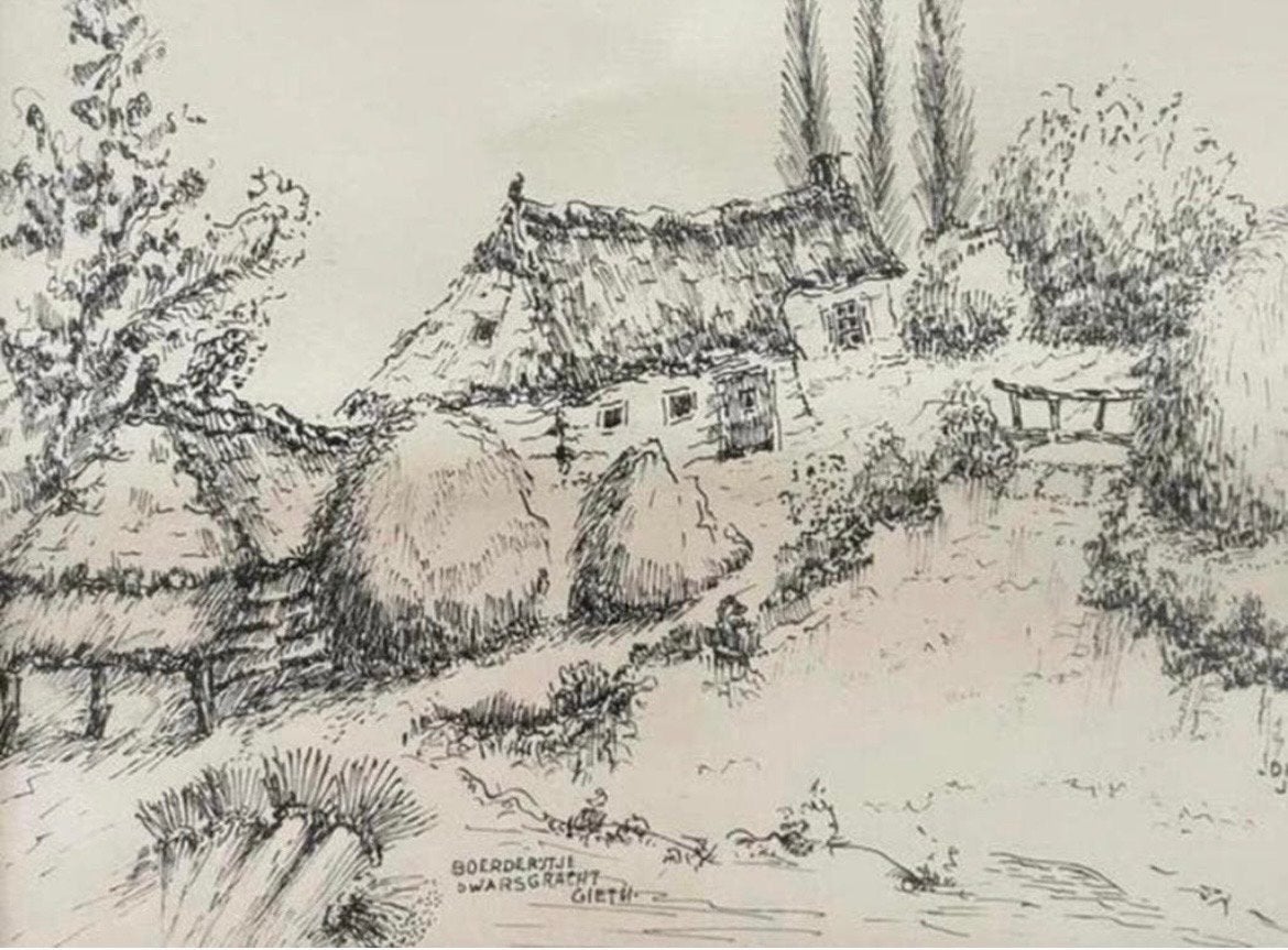 Boerderijtje Dwarsgracht Giethoorn - Johan Jonkers '78, Ophalen of Verzenden, Tekening, Pentekening, Gesigneerd