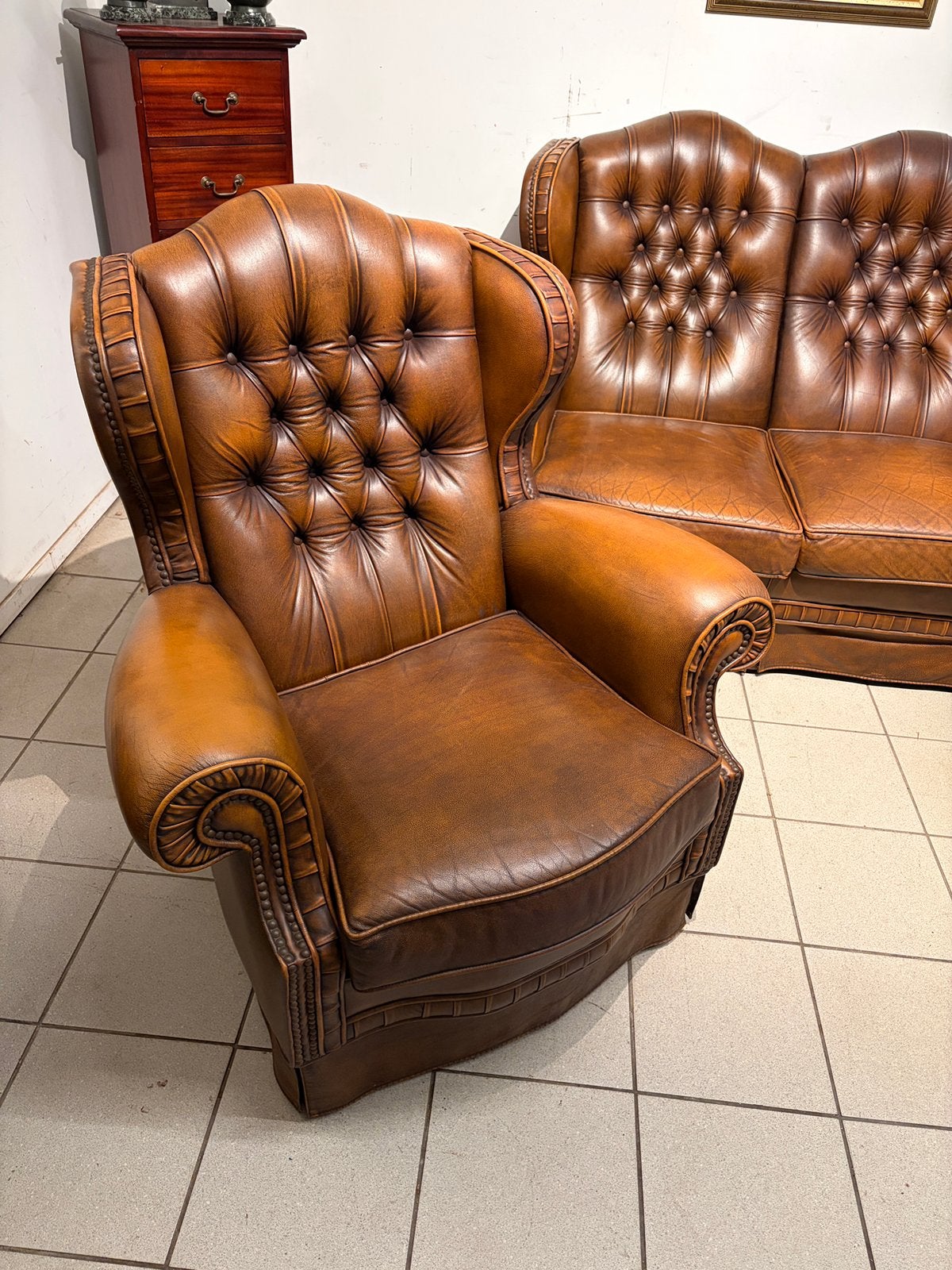 Chesterfield bankstel: bank en 2 fauteuils in bruin leer, Ophalen