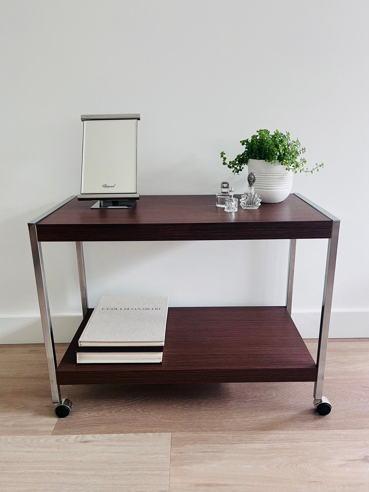 Vintage bar trolley jaren 70 - Hout en chroom tafel barcard, Ophalen, Gebruikt, 50 tot 100 cm, Glas