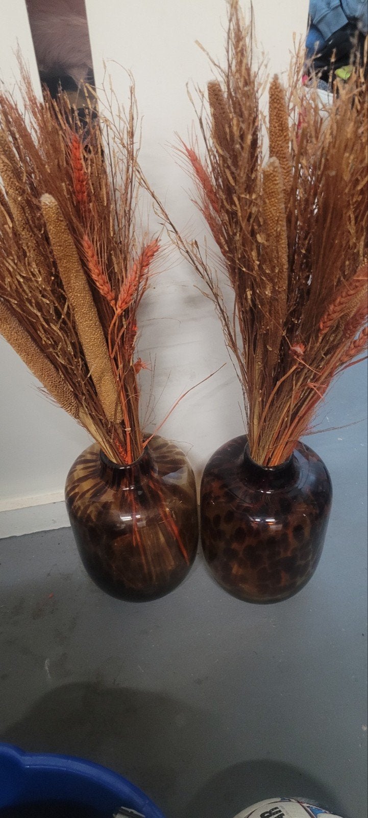 Set van 2 glazen vazen met droogbloemen, Gebruikt, Bruin, Ophalen of Verzenden, Glas